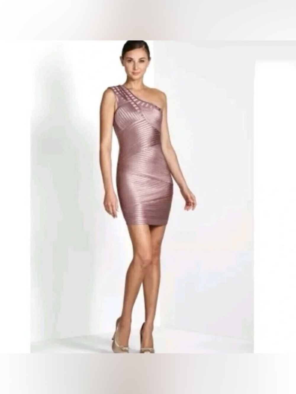 BCBGMaxAzria Eden One-Shoulder Metallic Rose Bodycon Cocktail Dress, Size 8